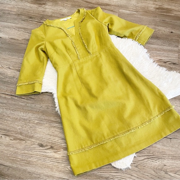 Boden Dresses & Skirts - Boden Chartreuse Textured Shift Dress 3/4 Sleeve Fringe Kate Middleton British